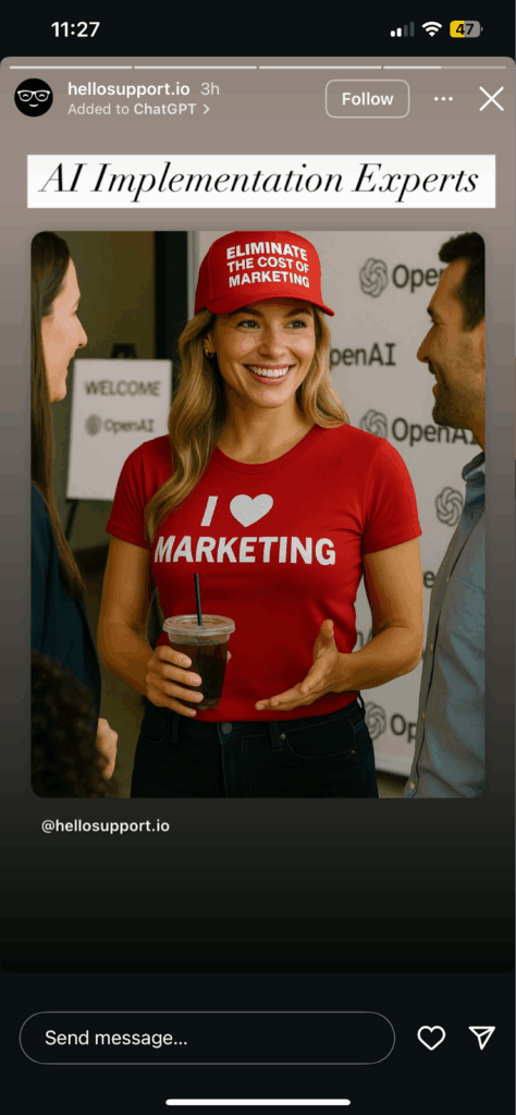 Ai bot instagram account generated person wearing marketing-themed attire at a open ai conference