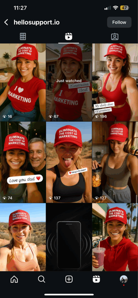Ai bot instagram account generated person wearing marketing-themed attire in various settings.